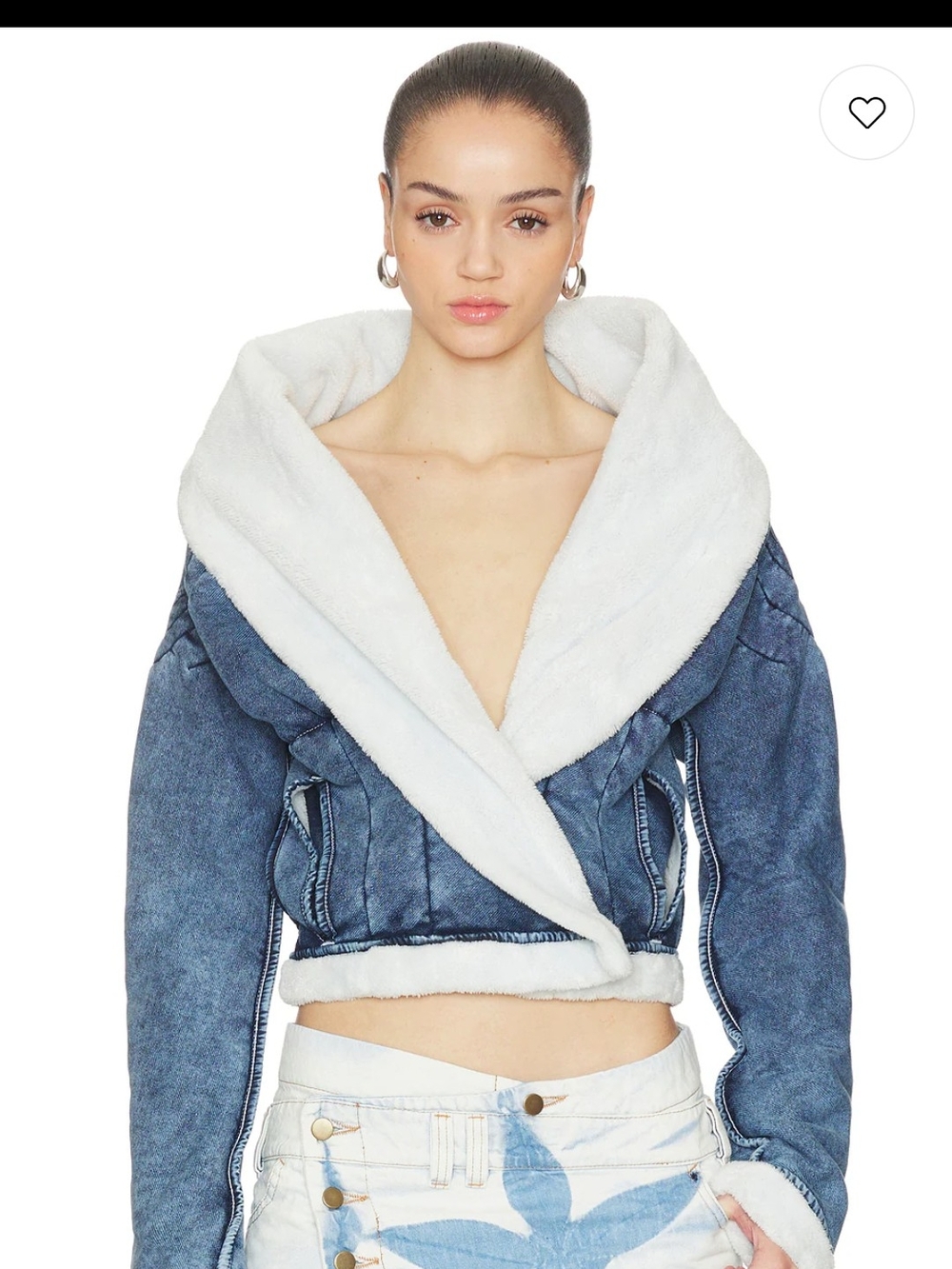 Cropped Blue Denim Jacket with White Faux Shearling Collar